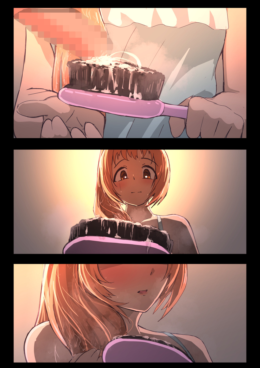 1boy 1girl absurdres blush brown_eyes brown_hair censored comb commission cum_on_object highres holding holding_comb idolmaster idolmaster_cinderella_girls looking_at_object mosaic_censoring parted_lips penis pixiv_commission sidelocks tomawarinosuizou wakabayashi_tomoka