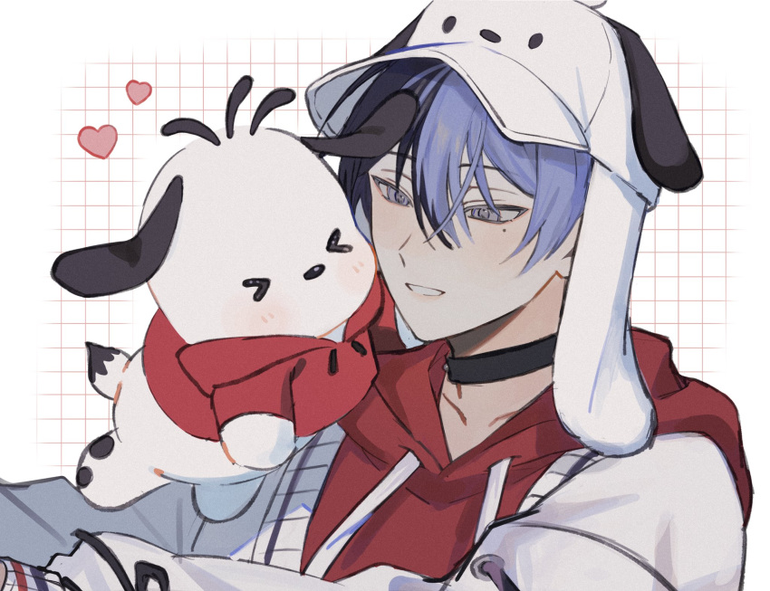 &gt;_&lt; 1boy animal_ear_headwear animal_hat aoyagi_touya black_choker blue_hair choker dark_blue_hair dog dog_hat droopy_ears grey_eyes hair_between_eyes hat heart highres hood hoodie jacket jacket_over_hoodie long_sleeves male_focus mole mole_under_eye multicolored_hair pochacco project_sekai red_hoodie sanrio short_hair smile sorase_(so17p) split-color_hair two-tone_hair white_dog white_headwear white_jacket