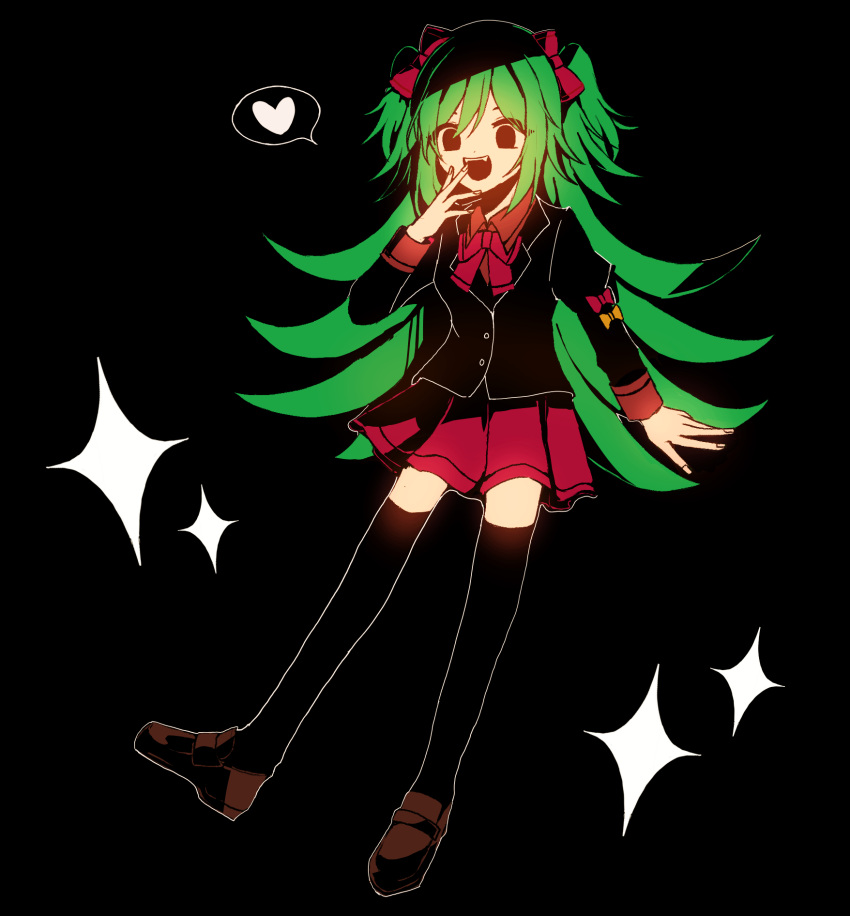 1girl black_background black_eyes black_jacket black_thighhighs bow brown_footwear fang full_body green_hair hair_bow half_updo heart highres jacket lime_(witch's_heart) loafers long_hair marukura multiple_hair_bows open_mouth red_bow red_shirt red_skirt shirt shoes short_twintails skirt smile solo speech_bubble spoken_heart teeth thighhighs twintails witch's_heart