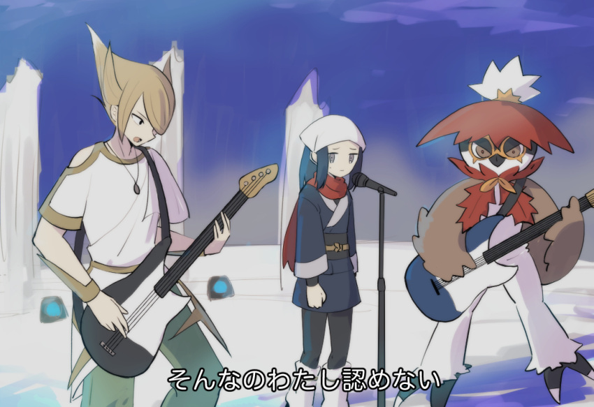 1boy 1girl akari_(pokemon) blonde_hair blue_hair commentary_request day head_scarf hisuian_decidueye holding_guitar long_hair microphone nogoma_(hiyokopool) outdoors pokemon pokemon_(creature) pokemon_(game) pokemon_legends:_arceus red_scarf scarf translation_request volo_(pokemon)