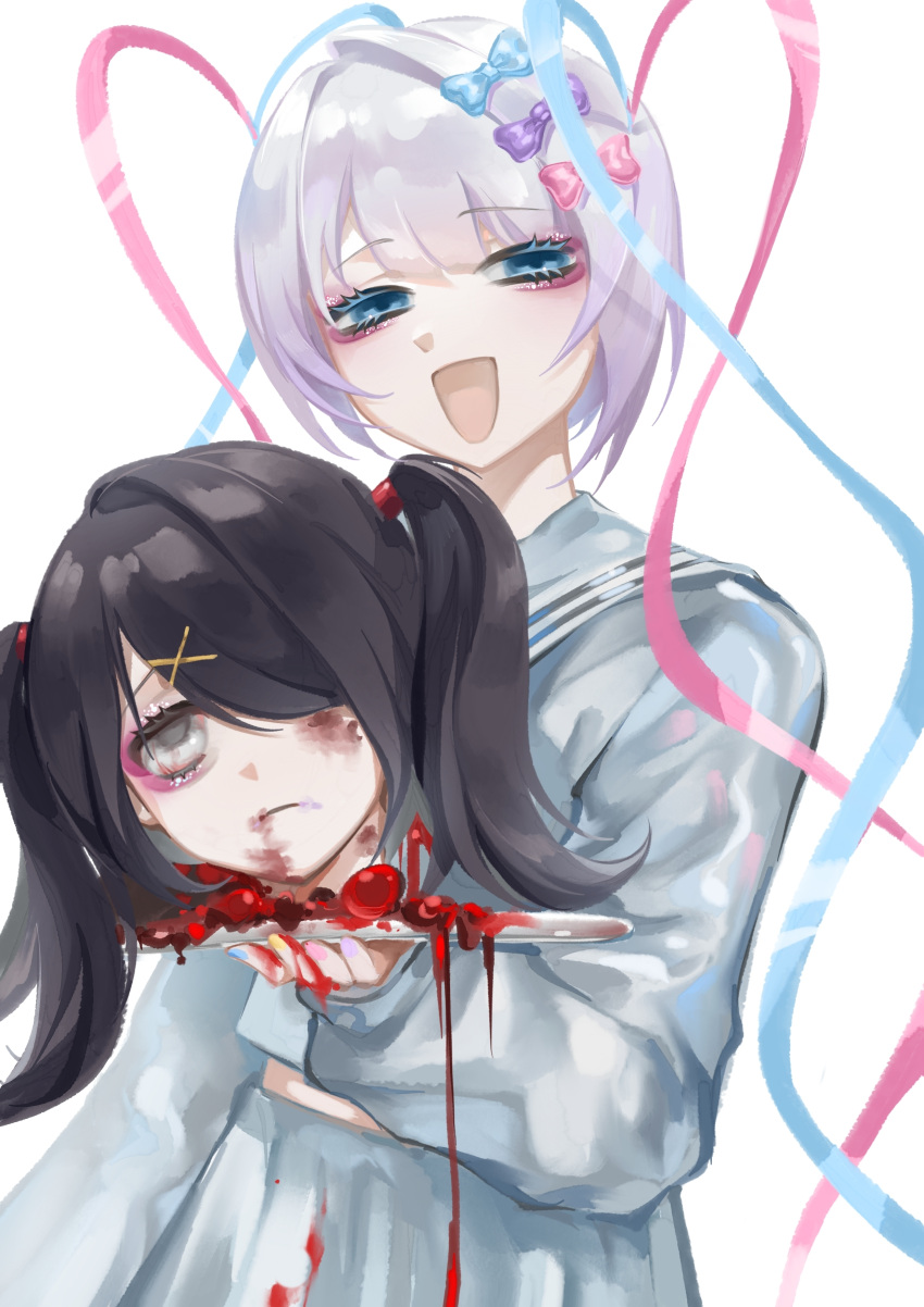 2girls :d absurdres ame-chan_(needy_girl_overdose) black_hair blood blood_on_clothes blue_bow blue_eyes blue_hair blue_nails blue_shirt blue_skirt bow bruise bruise_on_face bruised_eye chouzetsusaikawa_tenshi-chan closed_mouth corpse cowboy_shot decapitation dual_persona frown grey_eyes grey_hair guro hair_bow hair_ornament hair_over_one_eye hair_tie highres injury long_hair long_sleeves multicolored_hair multicolored_nails multiple_girls needy_girl_overdose open_mouth pink_bow pink_hair pink_nails pleated_skirt purple_bow quad_tails sailor_collar school_uniform serafuku severed_head shirt simple_background skirt smile twintails upturned_eyes very_long_hair white_background x_hair_ornament yang_(yang254652) yellow_bow yellow_nails