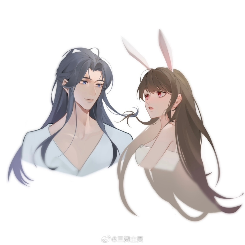 1boy 1girl animal_ears artist_request bare_shoulders blue_eyes blue_hair brown_hair couple disembodied_torso douluo_dalu dress long_hair looking_at_another parted_lips pink_eyes rabbit_ears second-party_source tang_san teeth white_background white_dress xiao_wu_(douluo_dalu)