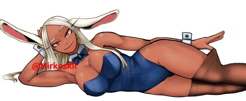 1girl animal_ears armpits bare_shoulders blue_leotard boku_no_hero_academia bow bowtie breasts brown_thighhighs cleavage collarbone dark-skinned_female dark_skin detached_collar hand_on_own_head head_rest highleg highleg_leotard highres kyoujin_momiji_man_masumi large_breasts leotard long_eyelashes long_hair looking_at_viewer lying mirko on_side parted_bangs rabbit_ears rabbit_girl raised_eyebrow red_eyes smile solo strapless strapless_leotard thighhighs thighhighs_pull thighs toned traditional_bowtie white_background white_hair wrist_cuffs