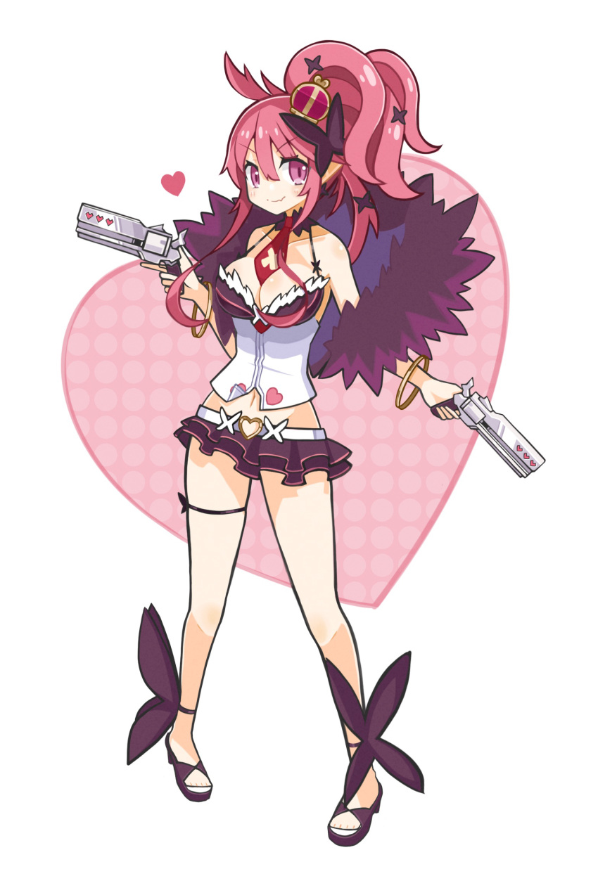 1girl bare_legs black_footwear black_skirt bracelet breasts cleavage closed_mouth collarbone crown disgaea dual_wielding full_body fur_trim gun hair_ornament heart heart_background high_ponytail highres holding holding_gun holding_weapon jewelry layered_skirt legs_apart looking_at_viewer makai_senki_disgaea_5 medium_breasts medium_hair microskirt mini_crown navel necktie pigeon-toed pink_hair pointy_ears purple_eyes red_necktie sandals seraphina_(disgaea) shiny_skin skirt smile solo standing suaman weapon