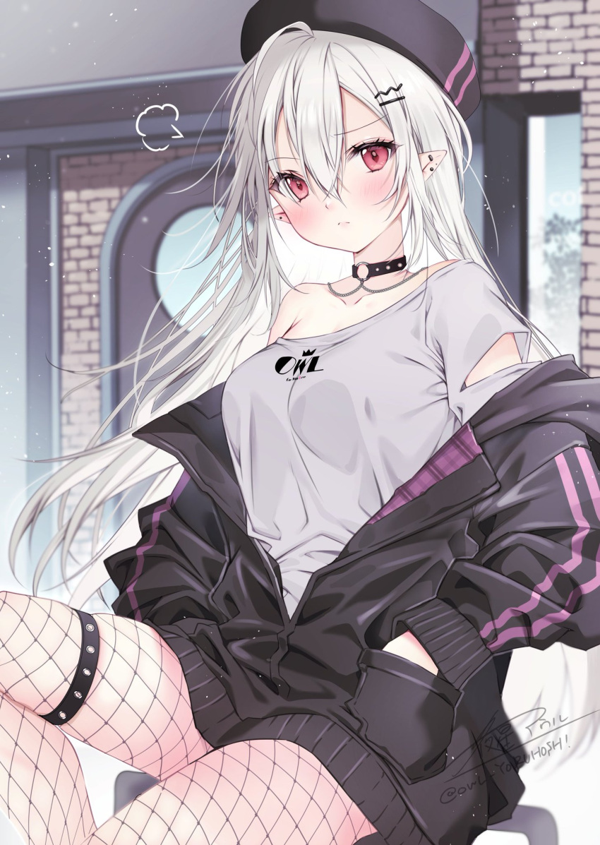 1girl black_jacket breasts cleavage earrings elf fishnet_thigh_strap highres jacket jewelry long_hair medium_breasts necklace one-shoulder_tunic original pointy_ears red_eyes shirt solo white_hair white_shirt yoruhoshi_owl