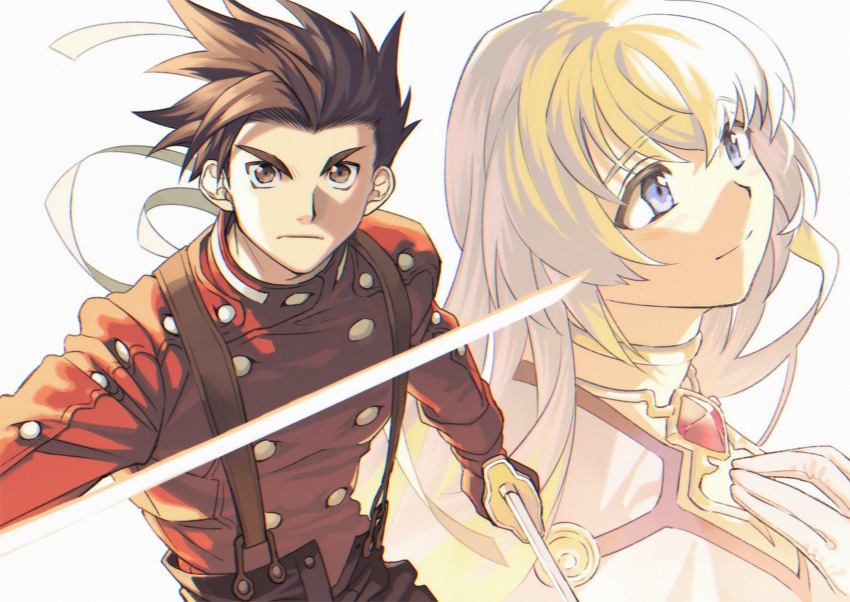 1boy 1girl blonde_hair blue_eyes brown_eyes brown_hair choker closed_mouth colette_brunel dual_wielding gloves hand_on_own_chest highres holding holding_sword holding_weapon jewelry light_smile lloyd_irving long_hair looking_at_viewer looking_up pants red_gloves red_shirt sagami_jon shirt short_hair smile suspenders sword tales_of_(series) tales_of_symphonia v-shaped_eyebrows weapon white_background white_gloves