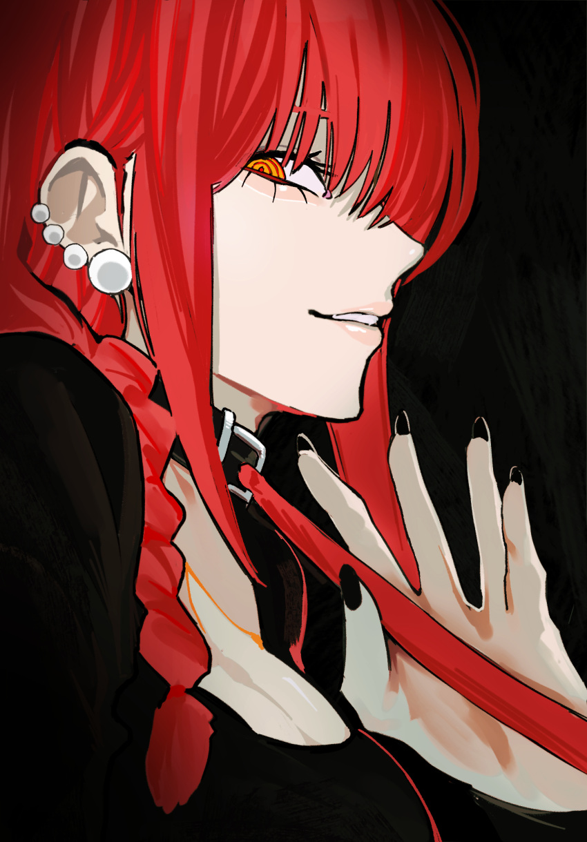1girl black_background black_dress black_nails braid braided_ponytail breasts chainsaw_man cleavage collar dress earrings hair_over_shoulder highres jewelry large_breasts leash looking_at_viewer makima_(chainsaw_man) medium_hair multiple_piercings parted_lips pearl_earrings red_hair ringed_eyes sailen0 sideways_glance smile solo yellow_eyes