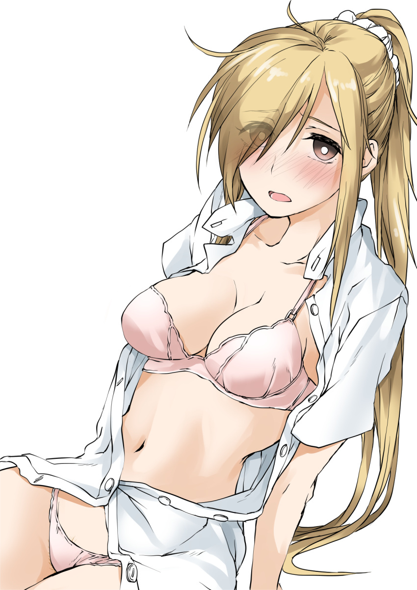 1girl arm_up blonde_hair blush bra breasts bright_pupils brown_eyes cleavage commentary dress_shirt elf_(stroll_in_the_woods) hair_ornament hair_over_one_eye hair_scrunchie highres koutani_fuyune leaning_back light_frown long_hair looking_at_viewer medium_breasts messy_hair navel no_pants open_mouth panties partially_unbuttoned pink_bra pink_panties ponytail scarf scrunchie shirt short_sleeves simple_background sitting solo textless_version underwear white_background white_pupils white_scarf white_shirt zatsu_tabi