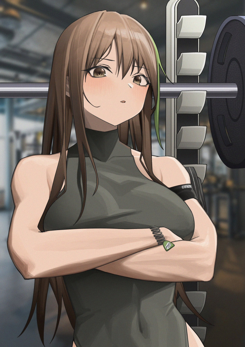 1girl bare_shoulders black_leotard blush bodysuit breasts brown_hair covered_navel exercise_machine girls'_frontline griffin_&amp;_kryuger gym highres karakura_9879 leotard leotard_sweater long_hair looking_at_viewer m4a1_(girls'_frontline) multicolored_hair no_jacket open_mouth solo streaked_hair weights