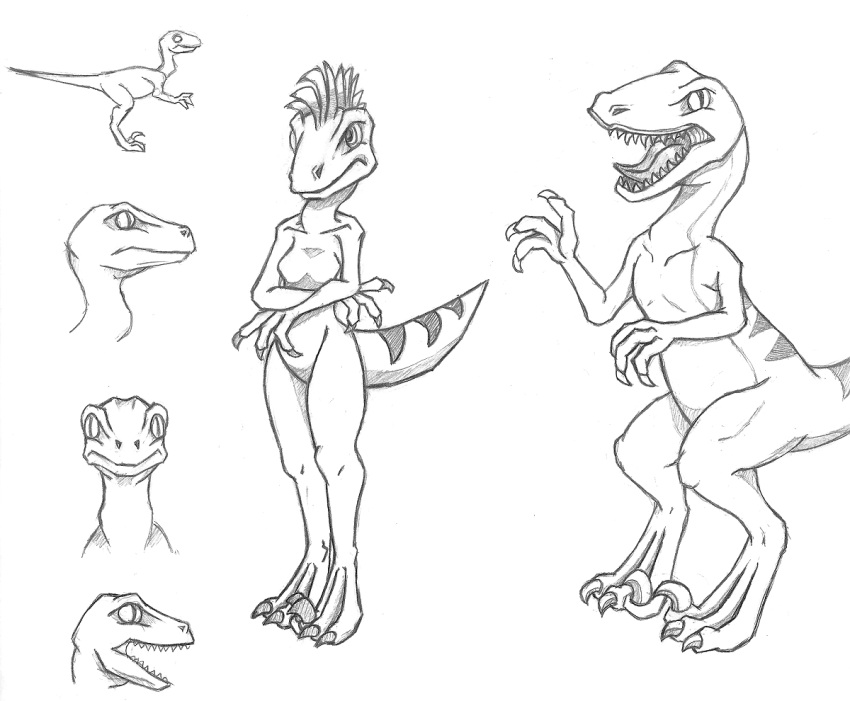 anthro breasts claws crossed_arms dinosaur dogwash dromaeosaurid featureless_breasts featureless_crotch female feral graphite_(artwork) hair markings nude open_mouth pencil_(artwork) reptile scalie sharp_teeth solo spiky_hair striped_back striped_markings striped_tail stripes tail tail_markings talons teeth theropod traditional_media_(artwork) velociraptor