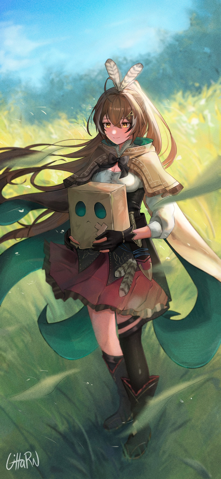 1girl :&lt; absurdres ahoge ankle_boots asymmetrical_legwear backlighting boots brown_capelet brown_cloak brown_corset brown_eyes brown_hair capelet cloak cloud cloudy_sky corset crossed_bangs dagger field friend_(nanashi_mumei) gloves grass hair_ornament hairclip highres hololive hololive_english kneehighs knife multicolored_hair nanashi_mumei nanashi_mumei_(1st_costume) partially_fingerless_gloves pleated_skirt red_skirt ribbon shirt single_kneehigh single_sock single_thighhigh skirt sky smile socks streaked_hair thighhighs uharntan virtual_youtuber weapon white_shirt