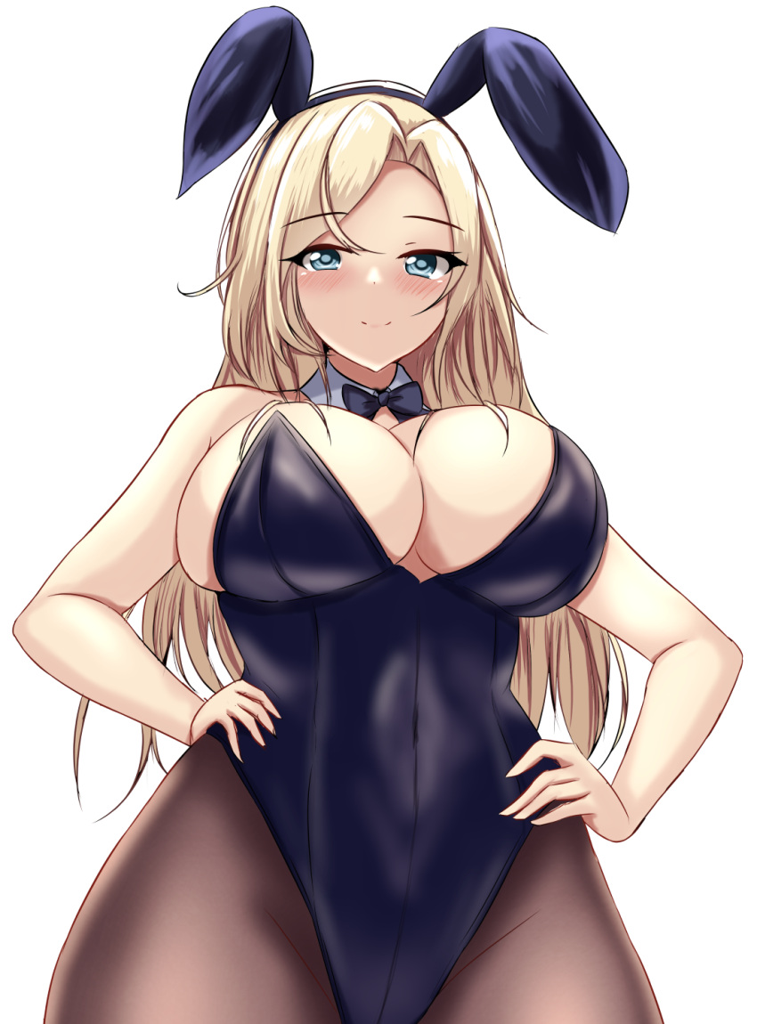 1girl animal_ears bare_shoulders black_bow black_bowtie black_leotard black_pantyhose blonde_hair blue_eyes blush bow bowtie breasts cleavage covered_navel detached_collar fake_animal_ears grey_eyes hands_on_own_hips highleg highleg_leotard highres hornet_(kancolle) kantai_collection large_breasts leotard long_hair looking_at_viewer montemasa pantyhose playboy_bunny rabbit_ears simple_background smile solo strapless strapless_leotard traditional_bowtie white_background wrist_cuffs