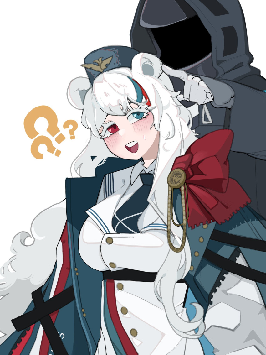 1girl 1other ? animal_ears arknights bbizim03 bear_ears bear_girl blue_eyes blue_hair blue_headwear blue_necktie blush breasts coat doctor_(arknights) gloves hat heterochromia highres hood hood_up long_hair multicolored_hair necktie open_mouth red_eyes red_hair rosa_(arknights) simple_background streaked_hair sweat very_long_hair white_background white_gloves white_hair