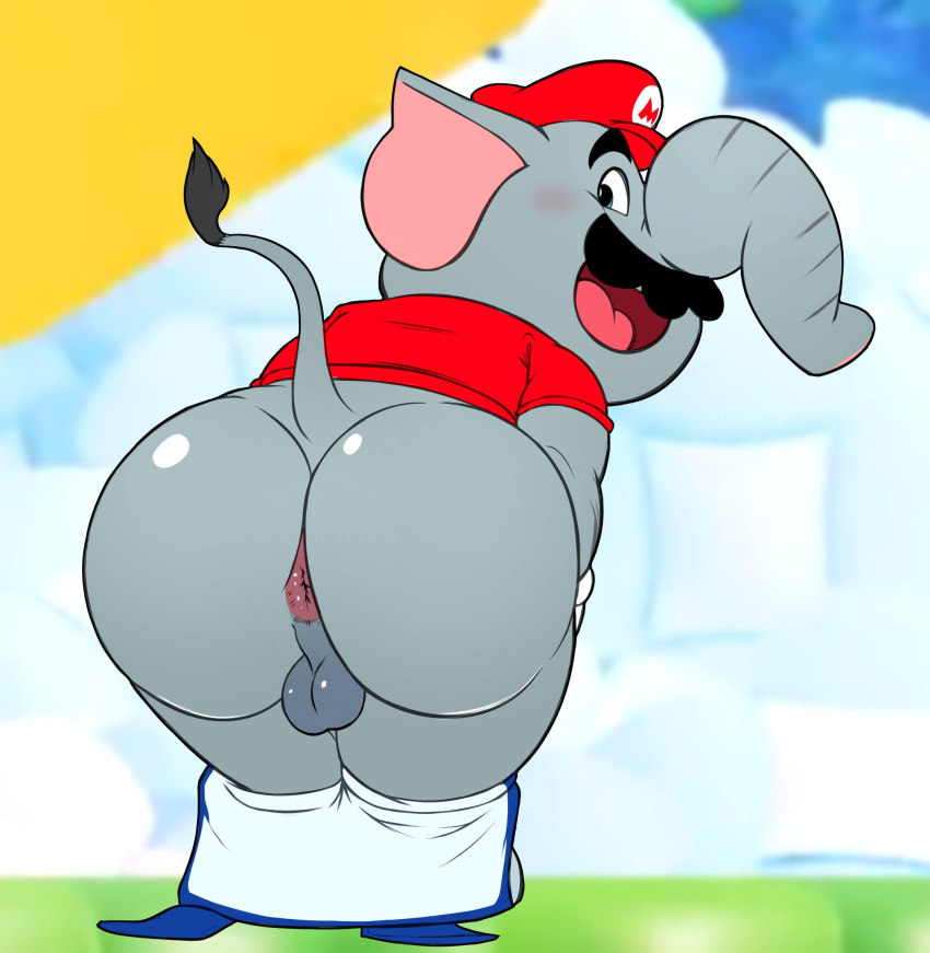 2023 :d anthro anus backsack balls bent_over big_butt big_ears big_head black_eyebrows black_eyes black_mustache blush bottomless bottomless_anthro bottomless_male bottomwear bottomwear_down bubble_butt butt clothed clothing cloud elephant elephant_mario elephantid english_text eyebrows facial_hair floppy_ears fur genitals glistening glistening_anus glistening_balls glistening_butt glistening_genitalia gloves grass grey_balls grey_body grey_butt grey_ears grey_fur grey_nose handwear happy hat headgear headwear hi_res huge_butt huge_ears long_nose long_tail looking_at_viewer looking_back looking_back_at_viewer male mammal mario mario_bros mostly_nude multicolored_ears multicolored_nose multicolored_tail mustache nintendo open_mouth outside overalls overalls_down pants pants_down partially_clothed pink_anus pink_ears pink_nose pink_tongue plant portrait presenting presenting_anus presenting_balls presenting_hindquarters proboscidean raised_eyebrows round_head seyrmo shirt sky smile solo standing super_mario_bros_wonder tail text thick_thighs tongue toony topwear two_tone_tail wide_hips