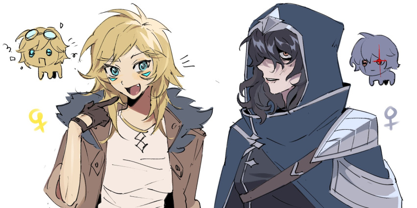 2girls :d black_hair blonde_hair breasts brown_gloves brown_jacket dudududu_(hhdgccnm) ezreal fang fur-trimmed_jacket fur_trim genderswap genderswap_(mtf) gloves hand_up highres hood hood_up jacket large_breasts league_of_legends medium_hair multiple_girls open_clothes open_jacket simple_background smile talon_(league_of_legends) white_background