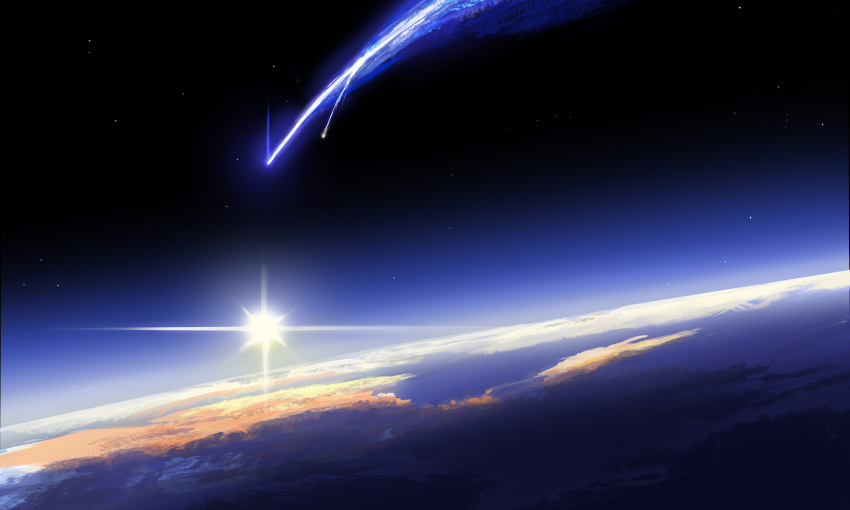 absurdres cloud comet commentary english_commentary eo0wjg09wer highres horizon kimi_no_na_wa. lens_flare no_humans outdoors scenery sky space star_(sky) starry_sky sunset