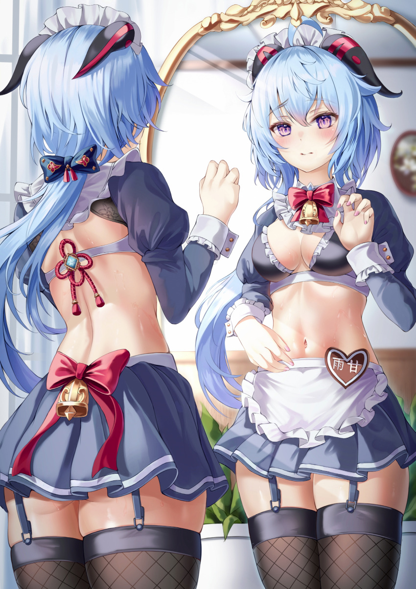 1girl absurdres alternate_costume apron ass bell blue_garter_straps blue_hair bnari bow bowtie breasts chinese_knot closed_mouth crop_top enmaided fishnet_thighhighs fishnets frills ganyu_(genshin_impact) garter_straps genshin_impact goat_horns hand_up highres horns long_hair looking_at_mirror low_ponytail maid maid_apron maid_headdress medium_breasts midriff miniskirt mirror multiple_views navel neck_bell puffy_sleeves purple_eyes red_bow red_bowtie reflection revision skirt stomach sweat thighhighs thighs very_long_hair vision_(genshin_impact) waist_bow
