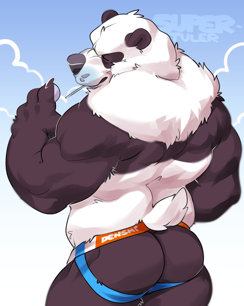 2016 4:5 anthro back_muscles bear black_body black_fur butt clothed clothing digital_media_(artwork) e-w01f eyes_closed fur giant_panda hi_res jockstrap jockstrap_only male mammal muscular muscular_anthro muscular_arms muscular_male neck_tuft object_in_mouth pinup portrait pose rear_view short_tail simple_background solo tail tairu text text_on_clothing text_on_underwear three-quarter_portrait topless tuft underwear underwear_only white_body white_fur