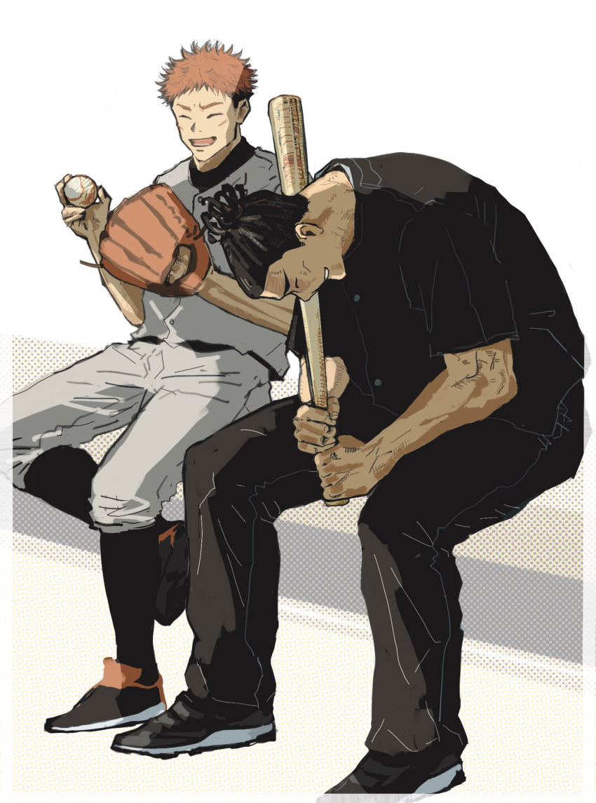 2boys :d ^_^ alternate_costume baseball baseball_(object) baseball_bat baseball_mitt black_hair closed_eyes full_body highres holding holding_baseball_bat itadori_yuuji jujutsu_kaisen male_focus multiple_boys nandemotokasu pants scar scar_across_eye short_hair sideburns sitting smile toudou_aoi_(jujutsu_kaisen) undercut