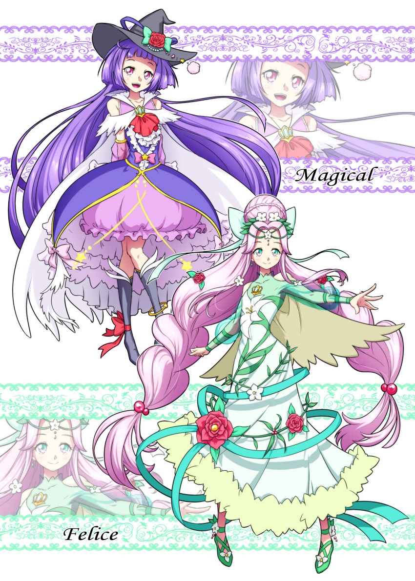 2girls :d absurdres adapted_costume alternate_costume bare_shoulders cape character_name commentary_request cure_felice cure_magical detached_sleeves dress earrings eyelashes green_dress green_eyes hair_bun hair_ornament hair_ribbon hanami_kotoha happy hat highres izayoi_liko jewelry kneehighs large_hat long_hair looking_at_viewer magical_girl mahou_girls_precure! matatabi_(karukan222) multiple_girls open_mouth pink_eyes pink_hair precure purple_dress purple_hair ribbon smile socks staff standing twintails very_long_hair wand witch witch_hat