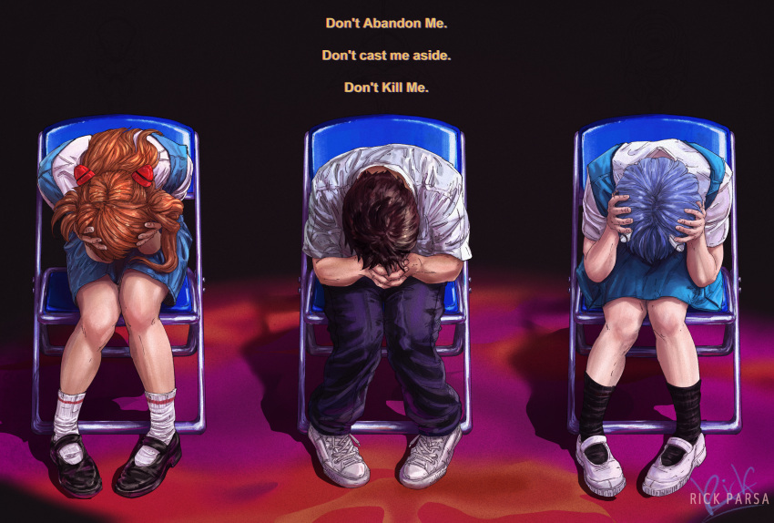 1boy 2girls absurdres artist_name ayanami_rei blue_hair brown_hair depressed english_text hair_ornament hands_on_own_head highres ikari_shinji interface_headset long_hair meme miniskirt multiple_girls neon_genesis_evangelion on_chair red_hair rick_parsa school_uniform shinji_in_a_chair_(meme) shirt shoes short_hair short_sleeves sitting skirt sneakers socks souryuu_asuka_langley tokyo-3_middle_school_uniform white_shirt white_socks