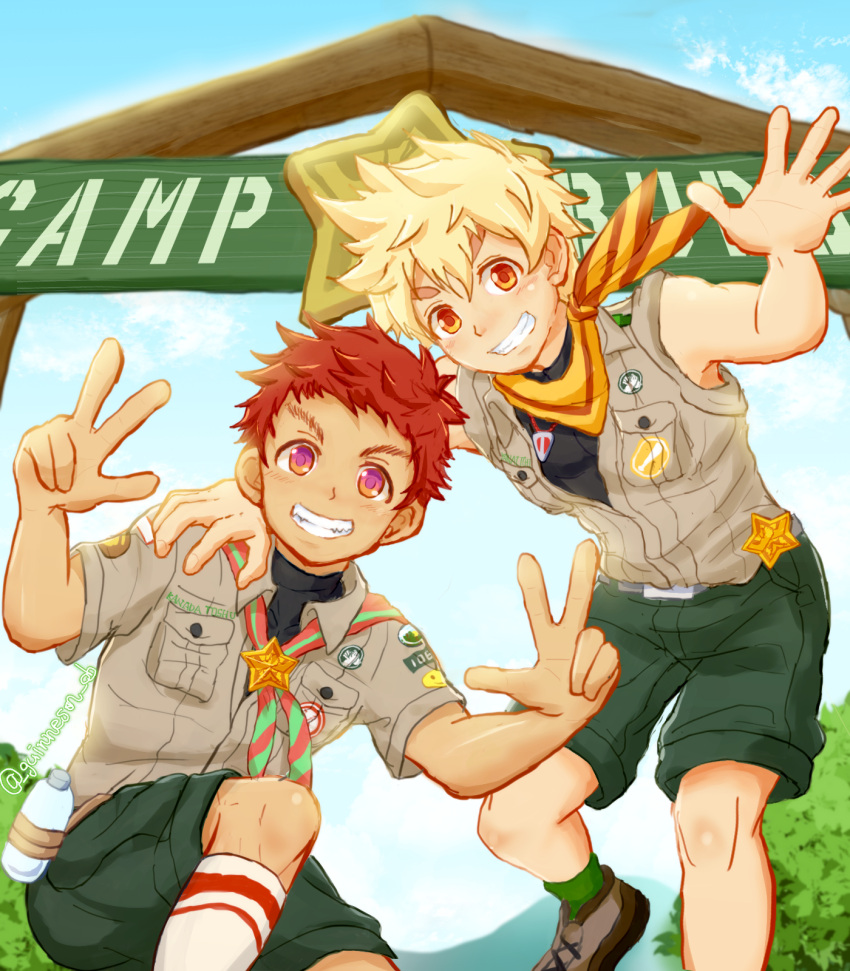 2boys ascot bacchikoi! badge blonde_hair blue_sky bottle breast_pocket brown_footwear button_badge camp_buddy cloud collared_shirt crossover feet_out_of_frame green_shorts green_socks grey_shirt guinneson_cb highres kanada_toshu looking_at_viewer male_focus medal messy_hair multiple_boys orange_ascot outdoors pocket red_hair shirt short_hair short_sleeves shorts sky sleeveless sleeveless_shirt smile socks teeth three-finger_salute tree water_bottle waving yanai_ichiru