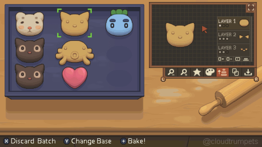 amour_(cloudtrumpets) bakery baking cookie cookie_cat cooking fake_screenshot food heart-shaped_cookie highres majo_no_takkyuubin options rolling_pin shop signature studio_ghibli table video_game