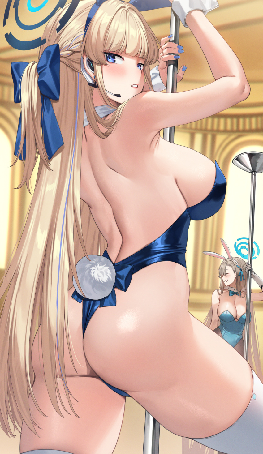 2girls animal_ears arms_up ass ass_focus asuna_(blue_archive) asuna_(bunny)_(blue_archive) back blonde_hair blue_archive blue_bow blue_eyes blue_nails bow braid breasts deras earpiece earrings grin hair_bow halo highres jewelry large_breasts looking_at_viewer looking_back microphone multiple_girls parted_lips rabbit_ears rabbit_tail sideboob smile solo_focus stripper_pole stud_earrings tail thighhighs toki_(blue_archive) toki_(bunny)_(blue_archive) white_thighhighs wrist_cuffs