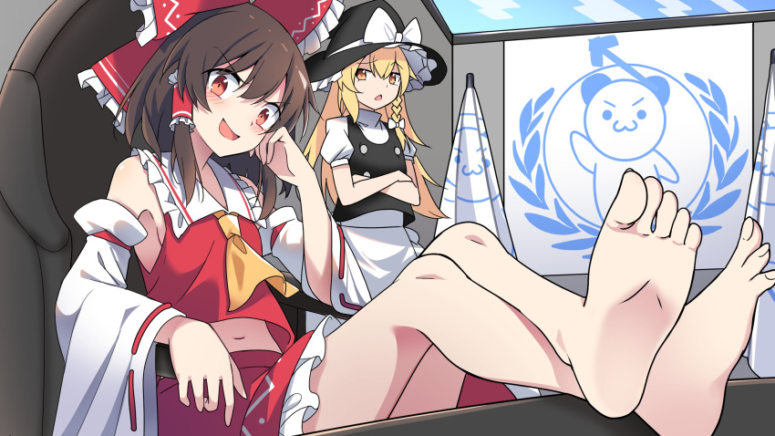 2girls :3 armpits barefoot black_headwear black_jacket blonde_hair bow braid brown_eyes brown_hair crossed_arms detached_sleeves e.o. feet hair_bow hakurei_reimu highres jacket kirisame_marisa large_bow logo_parody looking_at_viewer multiple_girls nontraditional_miko red_bow red_shirt red_skirt shirt single_braid skirt soles stomach toes touhou united_nations united_nations_flag white_bow white_shirt white_skirt white_sleeves yellow_eyes