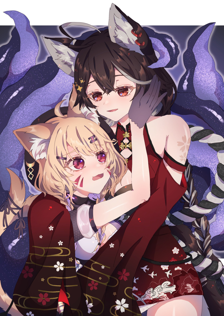 2girls absurdres ahoge animal_ear_fluff animal_ears black_gloves black_hair blonde_hair breasts cat_ears cat_girl cat_tail commission facial_mark gloves hand_on_another's_cheek hand_on_another's_face highres indie_virtual_youtuber large_breasts long_hair looking_at_another medium_breasts momote_(vtuber) multicolored_hair multiple_girls nagatsuki_mai open_mouth red_eyes second-party_source shyrei_faolan skeb_commission tail tentacles two-tone_hair virtual_youtuber vyugen whisker_markings white_hair