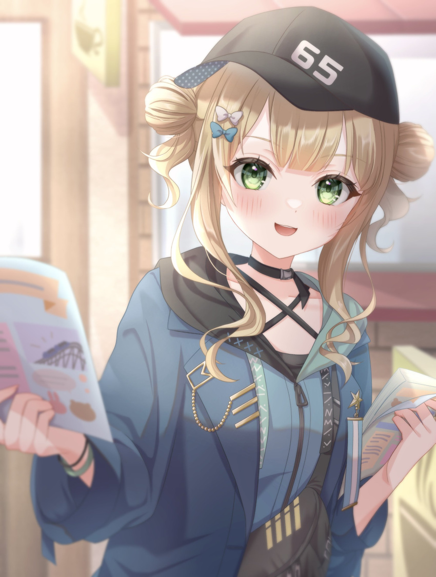 1girl absurdres baseball_cap black_choker black_headwear blonde_hair blue_coat blue_hoodie blush bow bracelet choker coat double_bun flyer green_eyes hair_bow hair_bun hat highres hood hoodie jewelry kaburaki_roco meme_(mm_ta_mm) nijisanji open_mouth pouch sidelocks smile solo virtual_youtuber zipper