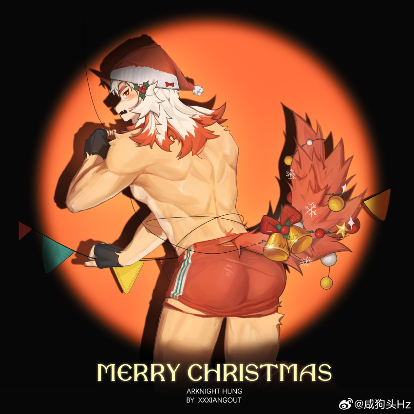 1boy animal_ears arknights ass bara blush christmas christmas_tree dog_boy dog_ears feet_out_of_frame furry furry_male hat highres horns hung_(arknights) leaning_forward male_focus medium_hair multicolored_hair muscular muscular_male orange_eyes orange_hair santa_hat short_shorts shorts shy single_horn solo spotlight streaked_hair tail_raised thick_eyebrows two-tone_fur white_fur white_hair xian_goutou_hz