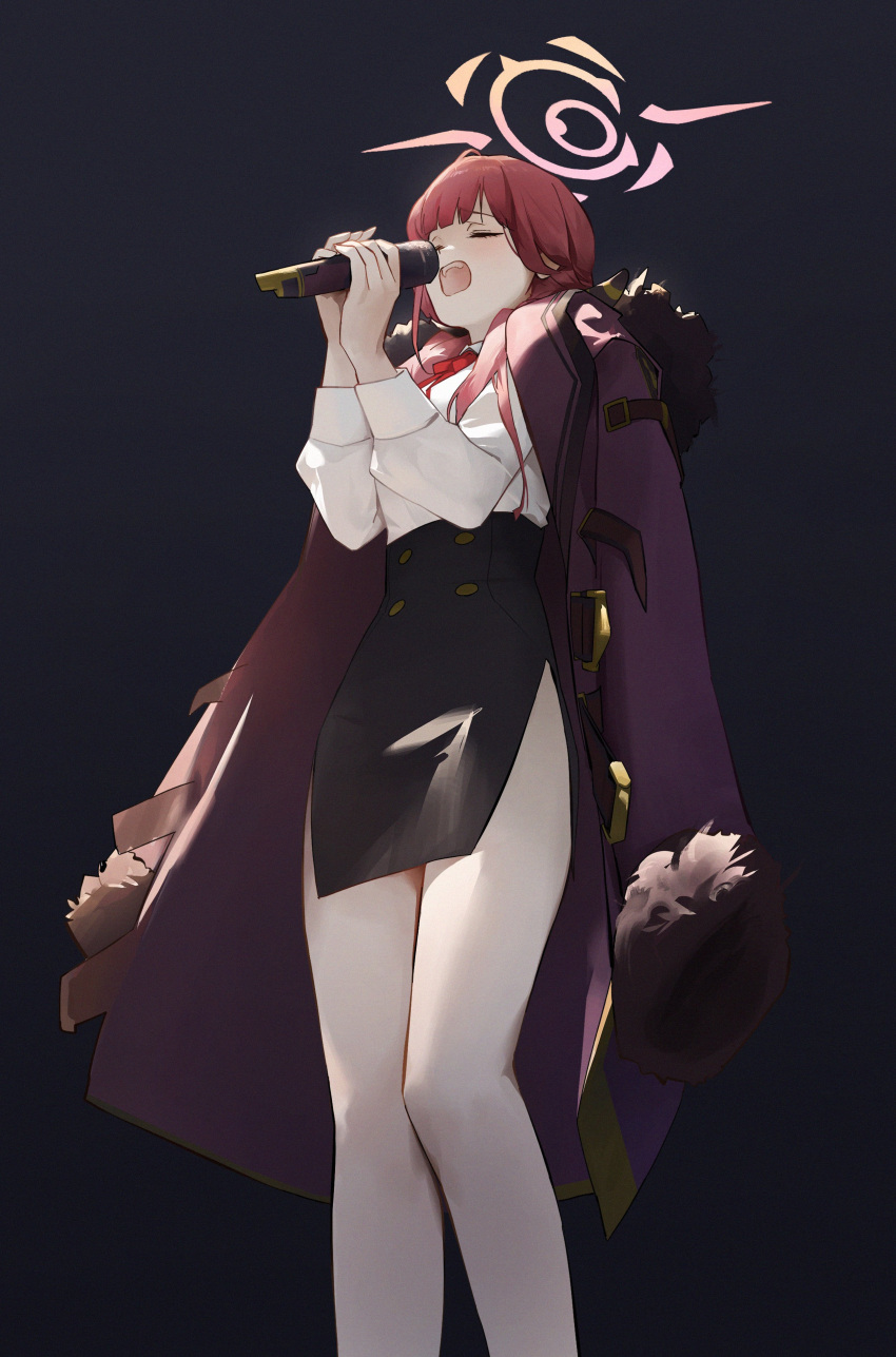 1girl absurdres aru_(blue_archive) bare_legs black_background black_skirt blue_archive blunt_bangs brown_coat closed_eyes coat coat_on_shoulders dokshuri eyelashes feet_out_of_frame fur-trimmed_coat fur_trim halo high-waist_skirt highres holding holding_microphone legs long_sleeves microphone neck_ribbon open_mouth own_hands_together pink_hair pink_halo red_ribbon ribbon shirt side_slit simple_background skirt solo unfinished white_shirt