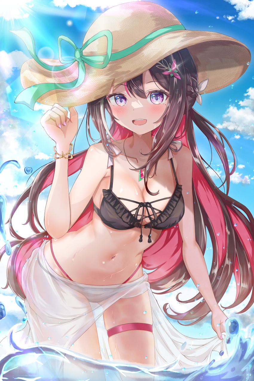 1girl absurdres azki_(hololive) bare_shoulders bikini black_bikini black_hair blush bracelet breasts cleavage colored_inner_hair commentary_request from-moon hair_between_eyes hair_ornament hat highleg highleg_bikini highres hololive jewelry long_hair looking_at_viewer medium_breasts mismatched_bikini multicolored_hair navel necklace open_mouth outdoors pink_hair purple_eyes smile solo straw_hat streaked_hair swimsuit thigh_strap virtual_youtuber wet white_bikini