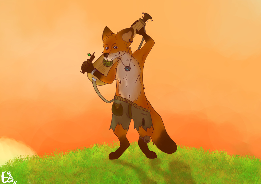 absurd_res anonymous_artist anthro body_hair bottomwear canid canine chest_hair clothing ear_piercing ear_ring fluffy fluffy_tail flute fox fur grabbing_object grass hi_res jewelry lute male mammal musical_instrument necklace orange_body orange_fur outside pants piercing plant plucked_string_instrument pose ring_piercing smile solo string_instrument sun sunset tail tervyx white_body white_fur wind_instrument woodwind_instrument wristband