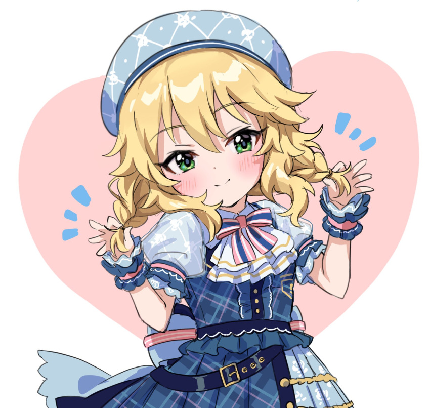 1girl belt blonde_hair blue_belt blue_dress blue_headwear blush bow closed_mouth dot_nose dress green_eyes hair_bow hands_up hat heart heart_background highres holding holding_hair idolmaster idolmaster_cinderella_girls idolmaster_cinderella_girls_starlight_stage idolmaster_cinderella_girls_u149 looking_at_viewer pink_background plaid plaid_dress puffy_short_sleeves puffy_sleeves sakurai_momoka scrunchie shinonoko_(tubamecider) short_hair short_sleeves smile solo two-tone_background two-tone_bowtie white_background