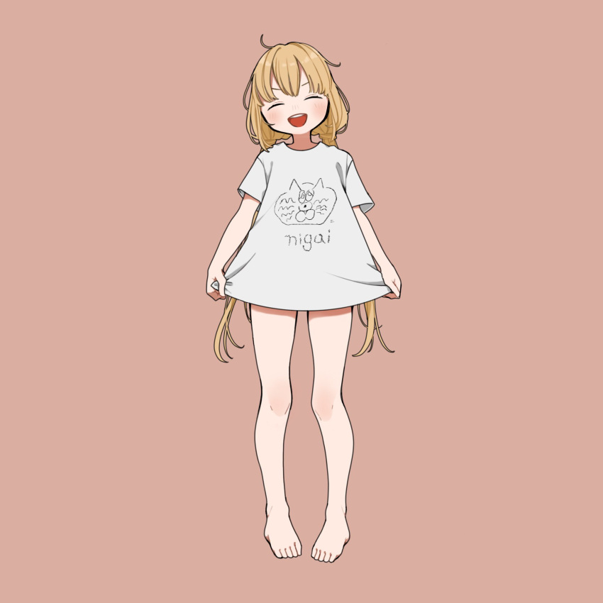 1girl bare_legs barefoot blonde_hair blush brown_background cat closed_eyes clothes_writing facing_viewer full_body futaba_anzu highres idolmaster idolmaster_cinderella_girls long_hair long_shirt low_twintails open_mouth shirt short_sleeves simple_background sks_(s3_rosquilla) smile solo straight-on t-shirt teeth toes twintails upper_teeth_only very_long_hair white_shirt