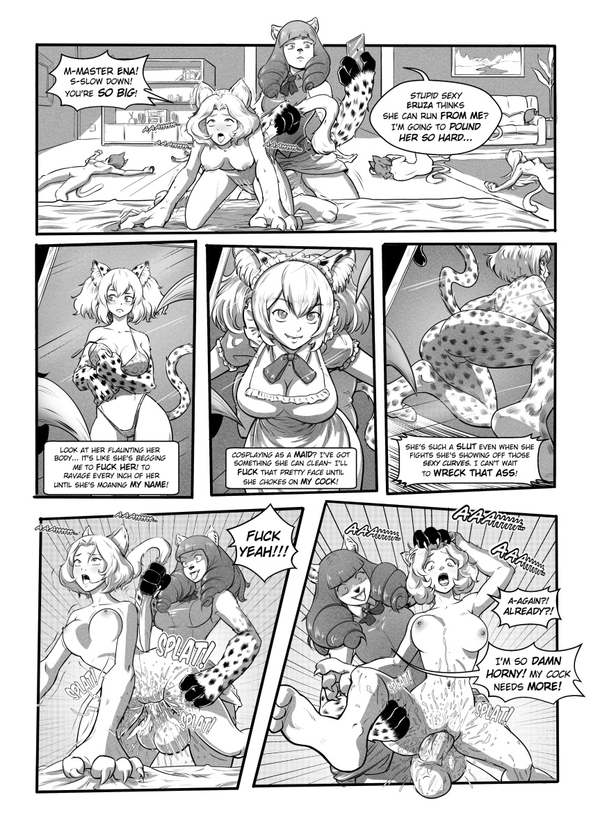 6+girls absurdres animal_ears ass bed bikini blush breasts cat_ears cheetah_ears cheetah_girl cheetah_tail cleavage futanari haibuchi_ena highres hyena_ears hyena_girl indoors killing_bites large_breasts maid_headdress monochrome multiple_girls nakanishi_eruza navel nipples on_bed pussy pussy_juice rabarsel sex swimsuit tongue tongue_out vaginal