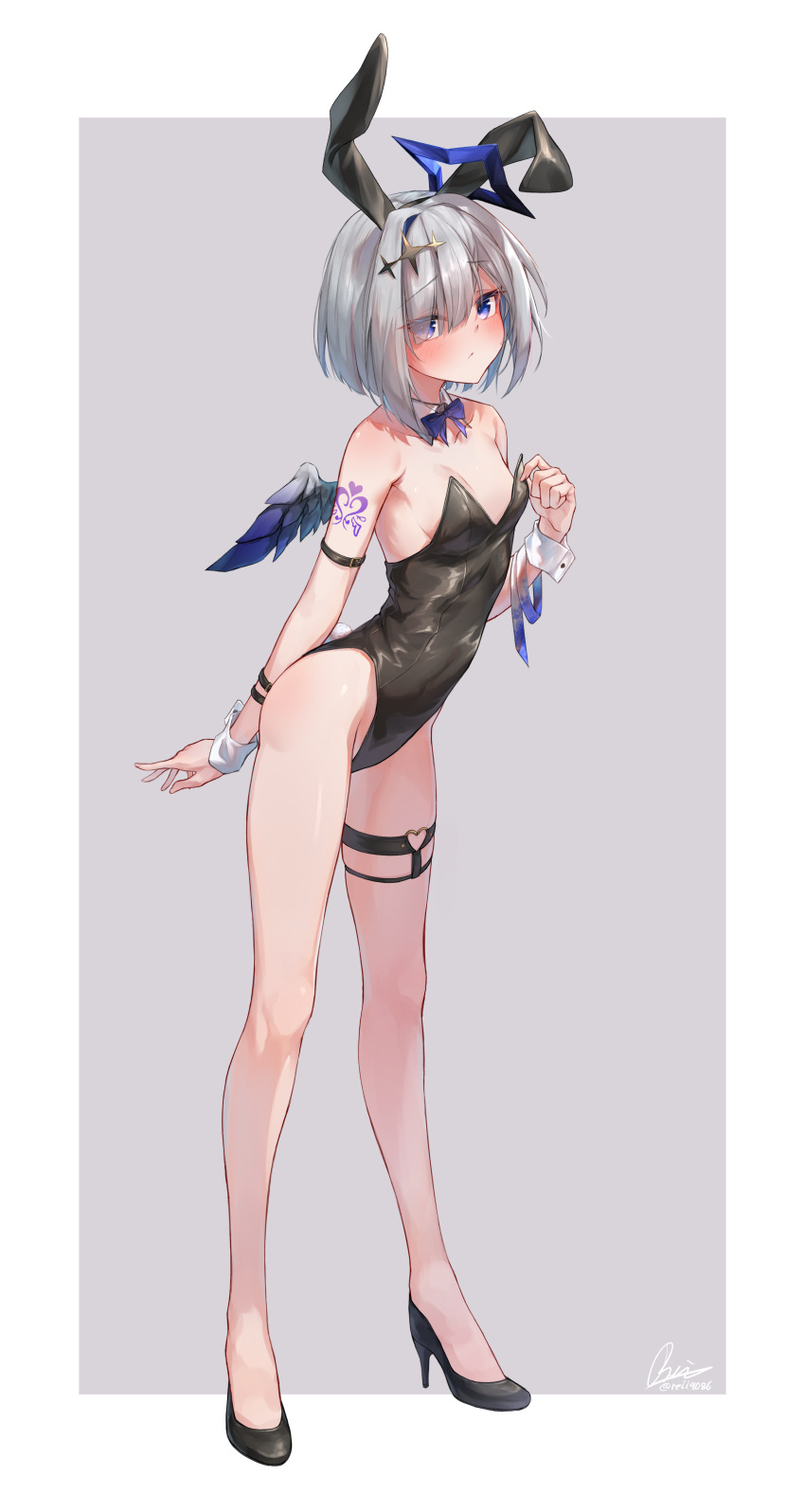 1girl absurdres amane_kanata animal_ears arm_tattoo bare_legs bare_shoulders black_footwear black_leotard black_wings blue_eyes blush border breasts closed_mouth detached_collar eyes_visible_through_hair fake_animal_ears fake_tail feathered_wings full_body grey_background grey_hair hair_over_one_eye halo heart_o-ring high_heels highres hololive legs leotard looking_at_viewer neck_ribbon outside_border playboy_bunny purple_ribbon rabbit_ears rabbit_tail rei_(9086) revision ribbon short_hair simple_background small_breasts solo standing strapless strapless_leotard tail tattoo thigh_strap virtual_youtuber white_border wings wrist_cuffs