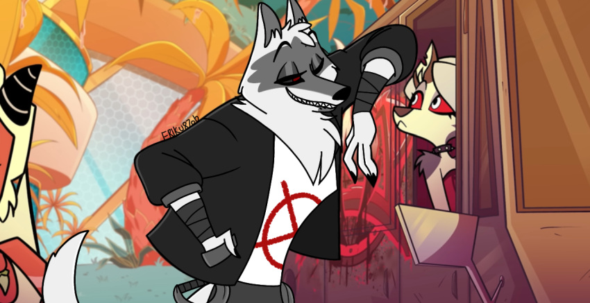 alleycat8706_(artist) anthro arm_support canid canid_demon canine canis clothing collar death_(puss_in_boots) demon draw_over edited_screencap female fluffy fur fuzzy group half-closed_eyes hand_in_pocket hellhound helluva_boss jacket leaning leaning_on_elbow looking_up loona_(helluva_boss) male male/female mammal narrowed_eyes one_eye_closed pockets puss_in_boots_the_last_wish red_eyes sharp_teeth sickle smile spiked_collar spikes teeth third-party_edit topwear trio white_body white_fur wink wolf wrapped_arms