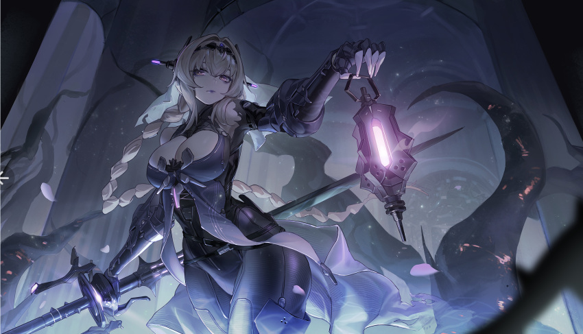 1girl bianca:_abystigma_(punishing:_gray_raven) bianca_(punishing:_gray_raven) braid braided_ponytail breasts cleavage headgear highres large_breasts long_hair mechanical_arms night punishing:_gray_raven r1zen sidelocks solo tentacles very_long_hair