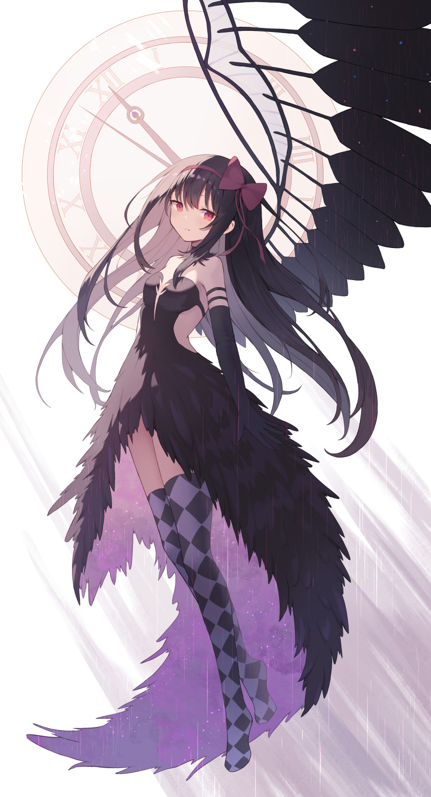 1girl absurdres akemi_homura akuma_homura argyle argyle_legwear arm_at_side bare_shoulders black_collar black_dress black_gloves black_hair black_wings bow clock clothing_cutout collar dress elbow_gloves expressionless feather_trim floating_hair from_side full_body gloves hair_bow hairband highres long_hair looking_at_viewer mahou_shoujo_madoka_magica mahou_shoujo_madoka_magica:_hangyaku_no_monogatari no_shoes purple_hairband purple_thighhighs red_eyes side_cutout solo standing standing_on_one_leg strapless strapless_dress thighhighs two-sided_fabric white_background wings xinjinjumin8456216