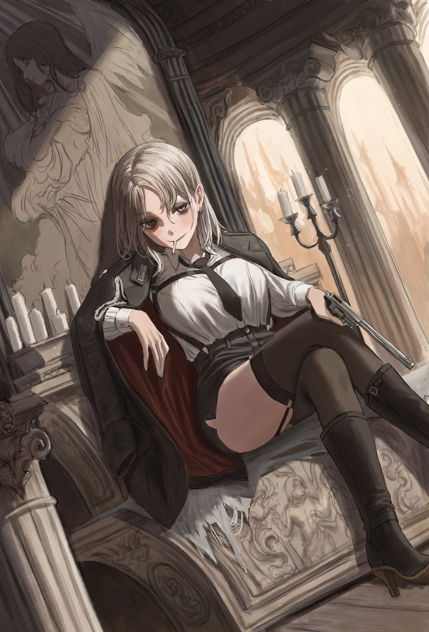 1girl absurdres blonde_hair boots brown_eyes candle candlestand cigarette feet_out_of_frame gold_can gun harness highres holding holding_gun holding_weapon jacket jacket_on_shoulders leaning_back long_sleeves mouth_hold mural necktie original sitting skirt suspender_skirt suspenders thighhighs weapon