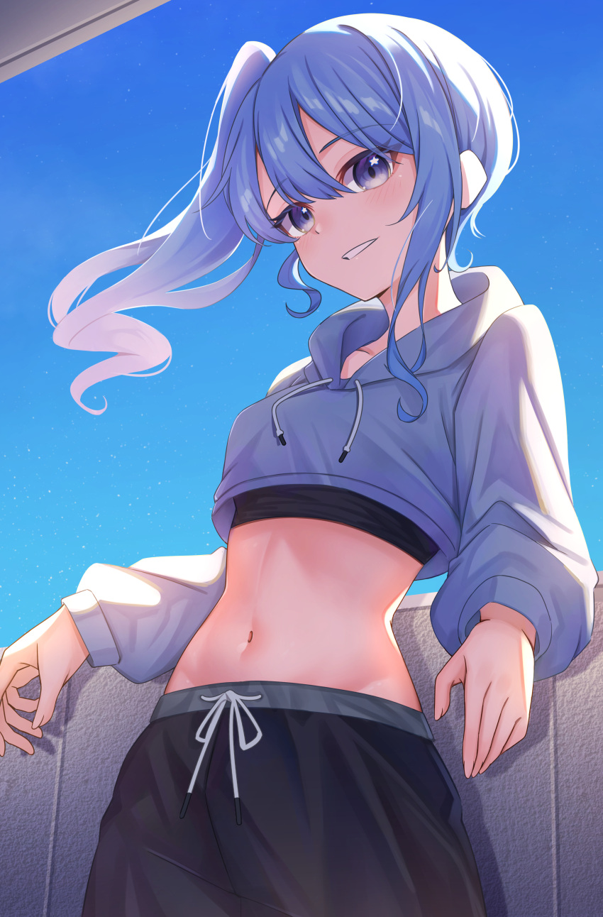 1girl absurdres aoi_zerii black_pants blue_eyes blue_hair blue_sky cropped_hoodie drawstring grin high_side_ponytail highres hololive hood hoodie hoshimachi_suisei midriff navel pants parted_lips sky smile solo star_(symbol) star_in_eye stomach symbol_in_eye virtual_youtuber