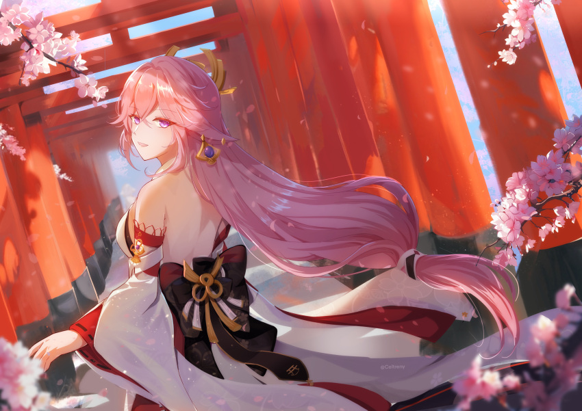 1girl absurdres animal_ears breasts celtreny cherry_blossoms detached_sleeves earrings floppy_ears fox_ears fox_girl genshin_impact highres japanese_clothes jewelry long_hair looking_at_viewer low-tied_long_hair multiple_torii nontraditional_miko pink_hair purple_eyes sideboob solo torii wide_sleeves yae_miko