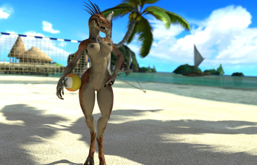 3_fingers 3_toes 3d_(artwork) 3d_background abs alien anthro areola arm_quills athletic ball blue_sky boat breasts brown_body brown_quills brown_scales claws cloud coconut coconut_tree colored detailed_background digital_media_(artwork) digitigrade drupe_(fruit) feet female finger_claws fingers food fruit fruit_tree genitals halo_(series) hand_on_hip hi_res holding_volleyball hut ibie'shan kig-yar looking_at_viewer maaarked_one microsoft narrowed_eyes net nipples non-mammal_breasts nude open_mouth outside palm_tree pickle_juice pink_pussy plant pupils pussy quill_hair quills sailing_boat sailing_watercraft sand scales scalie sea shaded shadown sky slit_pupils small_waist solo standing tan_body tan_skin teeth thatched_roof thigh_gap toes tongue tree vehicle volleyball_(ball) volleyball_net water watercraft wide_hips xbox_game_studios yellow_eyes