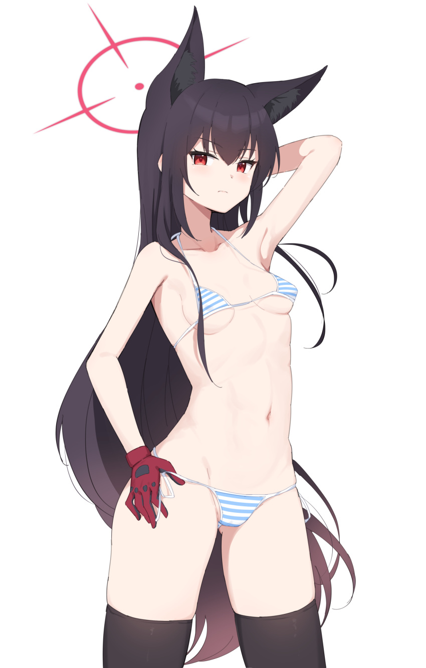 1girl absurdres animal_ears armpits bikini black_hair black_thighhighs blue_archive blush breasts closed_mouth collarbone commentary cowboy_shot fox_ears gloves hair_between_eyes halo highres long_hair looking_at_viewer miso_(misomiso_154) navel red_eyes red_gloves red_halo side-tie_bikini_bottom simple_background small_breasts solo striped striped_bikini swimsuit thighhighs white_background yukino_(blue_archive)