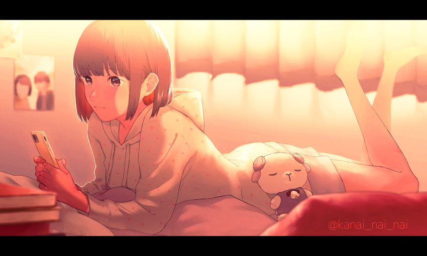 1girl absurdres barefoot book book_stack brown_eyes brown_hair cellphone commentary_request curtains dusk expressionless highres holding holding_phone hood hoodie indoors kanai_(nai_nai) letterboxed lying on_bed on_stomach original phone photo_(object) short_hair shorts smartphone solo stuffed_toy twilight