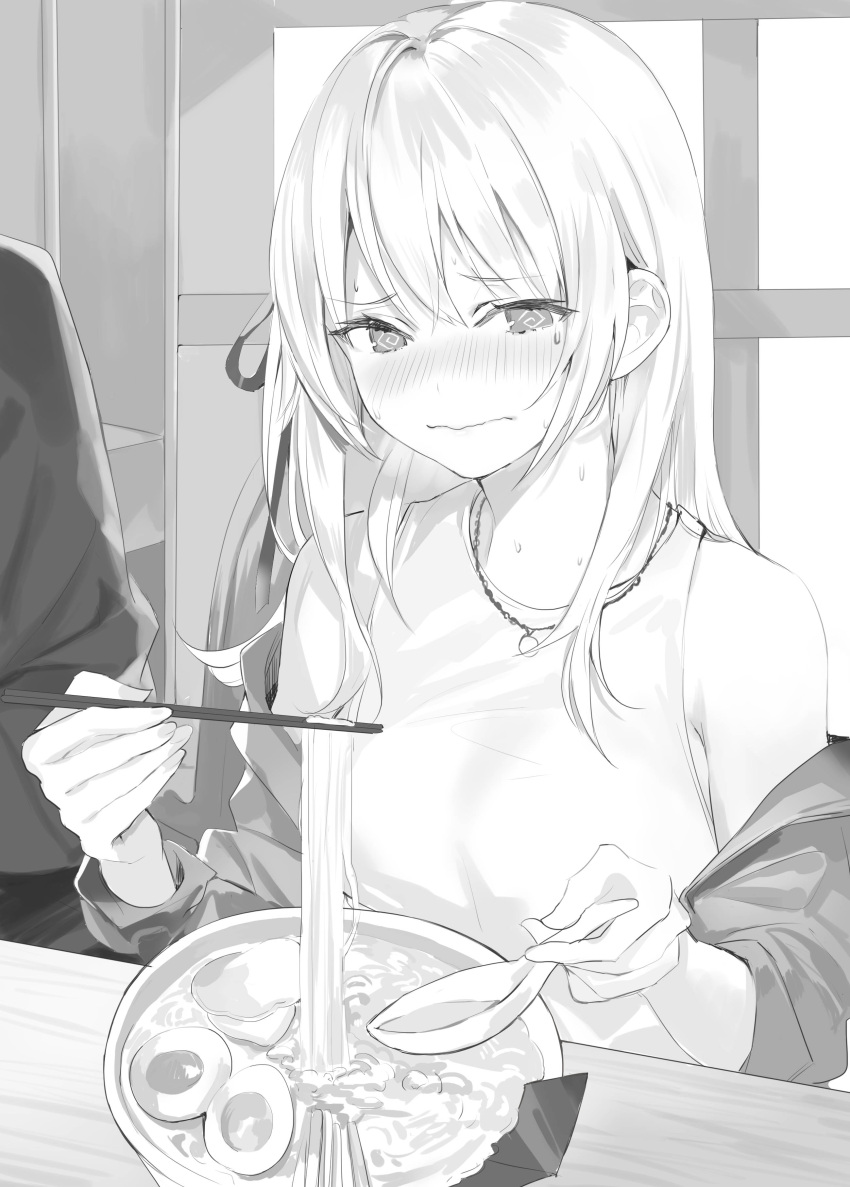 1boy 1girl :s @_@ absurdres alisa_mikhailovna_kujou armpit_crease bare_shoulders blush chopsticks commentary_request crossed_bangs eating egg embarrassed flustered food greyscale hair_between_eyes hair_over_shoulder hair_ribbon head_tilt highres holding holding_chopsticks indoors jewelry long_hair looking_at_viewer meat momoko_(momopoco) monochrome necklace noodles off_shoulder one_side_up parted_bangs ramen ribbon shirt sidelocks sitting sleeveless sleeveless_shirt solo_focus spoon sweat sweatdrop sweater_vest table tokidoki_bosotto_roshia-go_de_dereru_tonari_no_arya-san vegetable very_long_hair