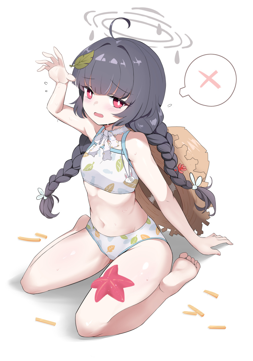 1girl absurdres arm_up bare_shoulders barefoot bikini black_hair blue_archive braid breasts bright_pupils choker commentary_request feet fengqun frilled_ribbon frills grey_halo halo hat hat_behind_back hat_on_back highres leaf leaf_on_head leaf_print long_hair looking_at_viewer miyu_(blue_archive) miyu_(swimsuit)_(blue_archive) navel official_alternate_costume open_mouth print_bikini red_eyes ribbon ribbon_choker simple_background sitting small_breasts soles solo spoken_x starfish straw_hat swimsuit toes twin_braids twintails wariza white_background white_bikini white_pupils